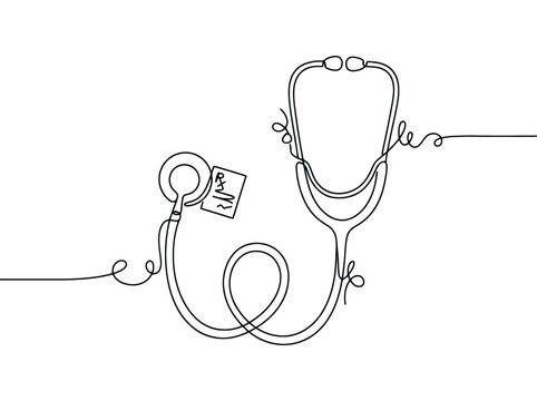 Minimalist black line art stethoscope with prescription rx symbol and white background