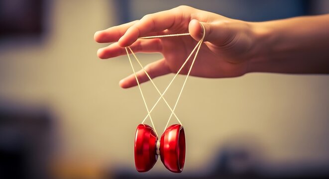 Close-up of a hand manipulating a red heart-shaped puppet with strings, symbolic of control and emotion, on a neutral background