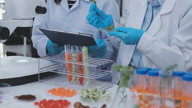 Close up scene of researcher examining alternative protein powder in sterile lab conditions with organized instruments promoting eco forward food innovation for sustainable biotechnology and nutrition