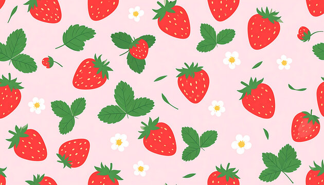 pixelated strawberry pattern with leaves and flowers on pink background, summer fruit illustration