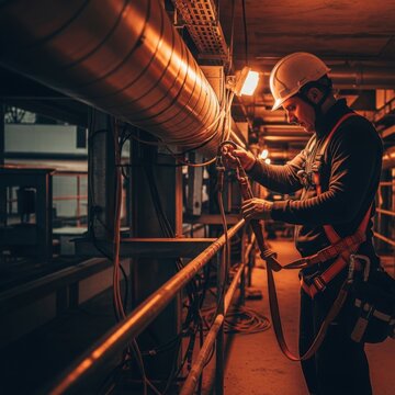 Industrial Engineer Inspecting Pipe System Integrity Inside a Manufacturing Facility