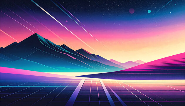 Retro futuristic landscape with pixelated mountains and glowing neon grid reflection at sunset, synthwave aesthetic, digital art
