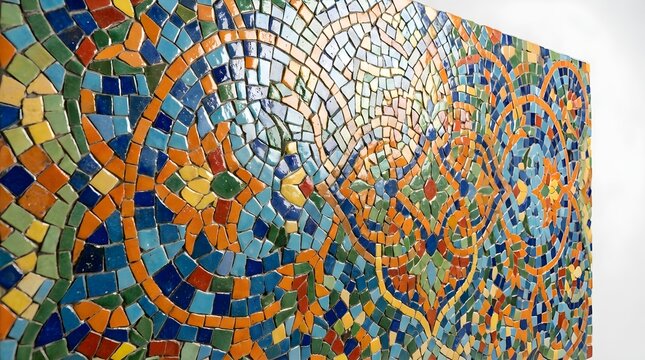 Intricate mosaic tile wall art with geometric patterns, colorful ceramic tesserae mural, traditional mediterranean craftsmanship background
