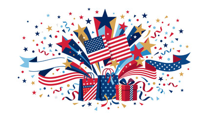 Obraz premium Celebrate with patriotic flair a vibrant illustration of American flags, stars, confetti, and gift bags, perfect for national holidays and festive promotions