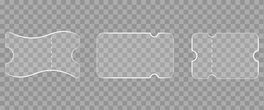 Liquid Glass Effect coupon icon set. Ticket blur effect collection. Transparent Glass Ticket Elements Collection