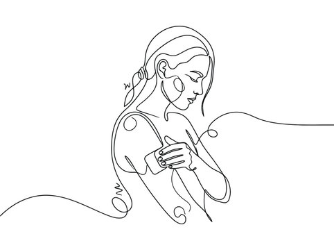 Minimalist line art woman applying skincare while looking down with a serene mood