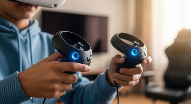Person using virtual reality headset with controllers in hands, engaging in immersive gaming experience in a cozy room. Virtual reality setup includes interactive controllers and realistic gameplay.