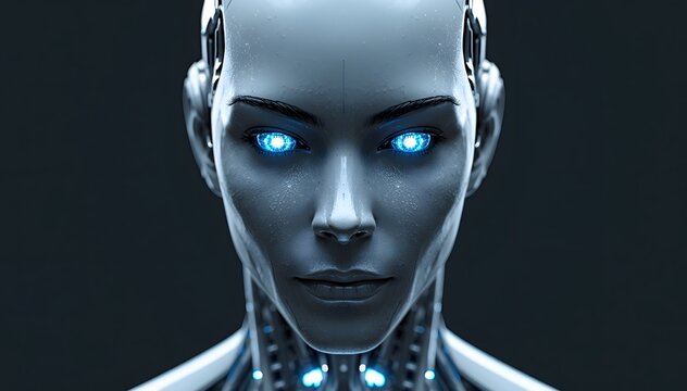 Futuristic female robot with glowing blue eyes, humanoid cyborg face with metallic skin, artificial intelligence concept for technology and sci-fi