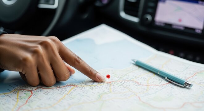 Navigation concept with hand pointing on map while sitting in car. Exploring routes and destinations using physical map brings excitement to travel adventures.