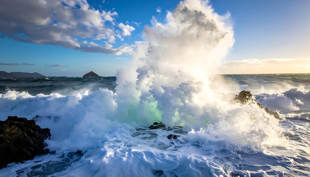 Powerful ocean wave crashing against rocks at sunset with sea spray and dramatic clouds, dynamic seascape