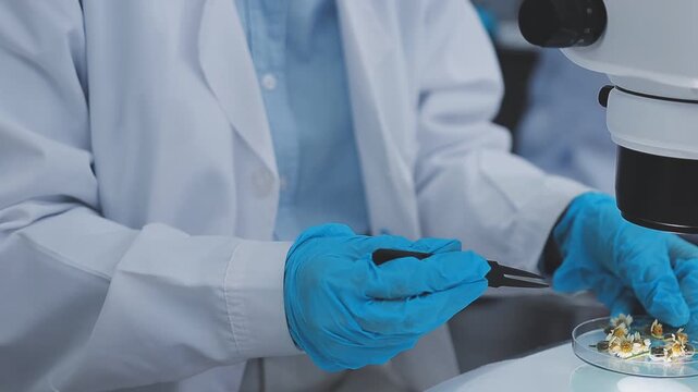 Close up scene of researcher examining alternative protein powder in sterile lab conditions with organized instruments promoting eco forward food innovation for sustainable biotechnology and nutrition