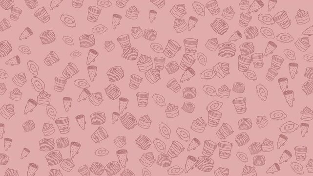 Charming animated loop of whimsical hand-drawn coffee cups, ice cream cones, and sweet pastries against a soothing pastel pink backdrop. Perfect for food blogs, cafes, events, or children's media.