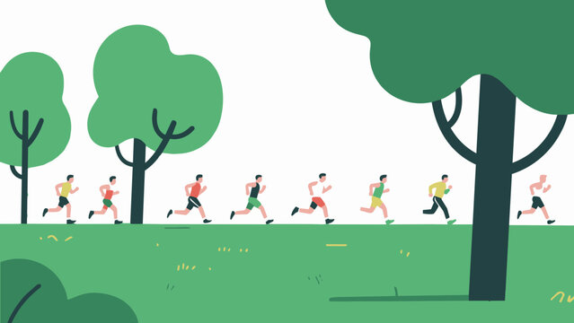 Group of people running marathon or jogging together in a race illustration