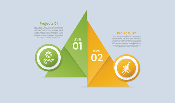 Pyramid base shape infographic with glossy gradient style with paper art style comparison slice cut with circle badge opposite direction with two segment information