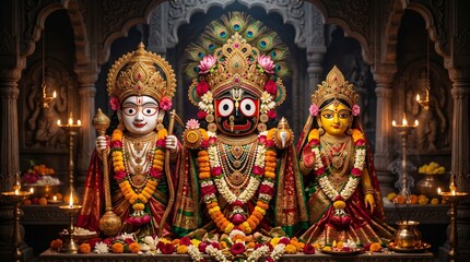 Naklejka premium Jagannath rath yatra hindu festival divine idols with traditional jewelry spiritual india devotion culture sacred temple celebration religious festive ... See More