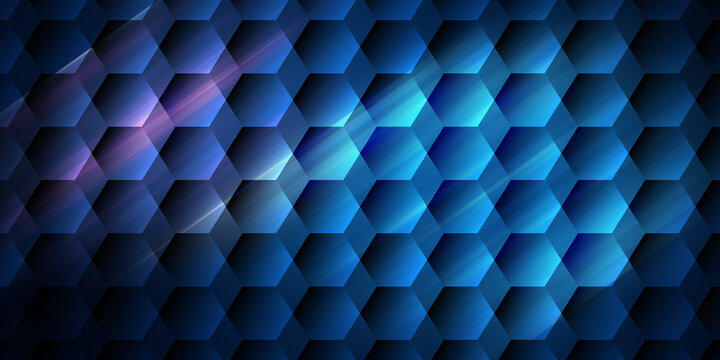 Dark blue abstract hexagonal grid background with glowing light rays