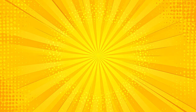 Radiating yellow sunburst pattern with halftone dots and pixelated effect, comic book style