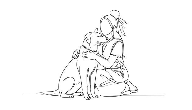 Minimalist Line Drawing of Young Woman Hugging Loyal Dog on White Background