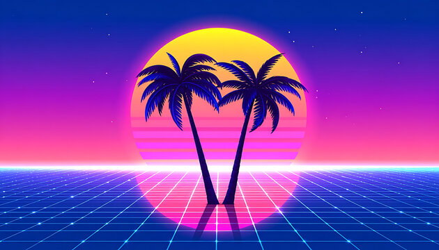 Retro wave pixel art sunset with palm trees over a digital grid landscape, 80s synthwave aesthetic, vibrant neon colors, dreamy tropical vibe