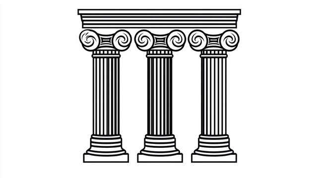 Three classic Ionic order columns, with intricate scrolls, set against a white backdrop
