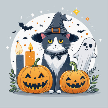 Cute Halloween Cat with Witch Hat, Pumpkins, and Ghost