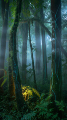 Naklejka premium Mysterious foggy rainforest scene with tall trees and lush green foliage