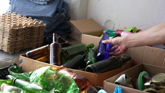Glass Bottle Recycling. Waste Sorting Person