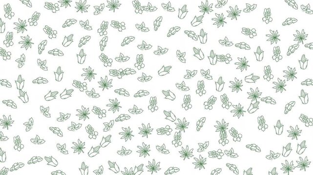 Animated seamless pattern video featuring various green outline plant and food icons on a clean white background. Perfect for healthy lifestyle, culinary, and nature-themed designs or presentations.