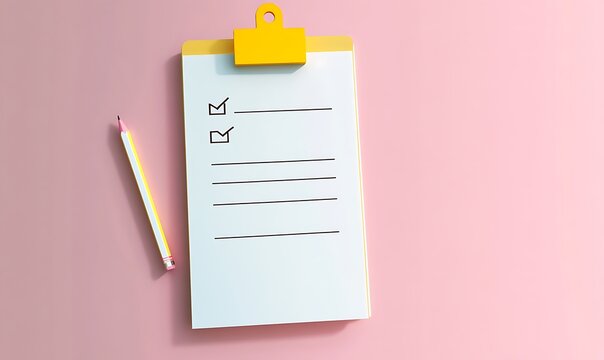 Two tasks completed on clipboard with pencil on pink and blue background.