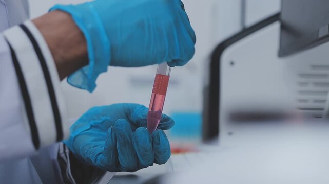 Close up scene of researcher examining alternative protein powder in sterile lab conditions with organized instruments promoting eco forward food innovation for sustainable biotechnology and nutrition