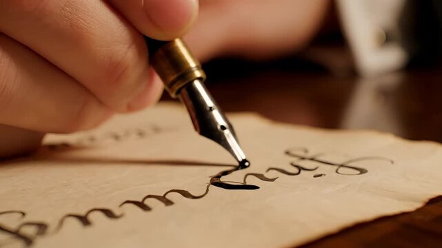Close up of a hand writing with a fountain pen on old paper 1.