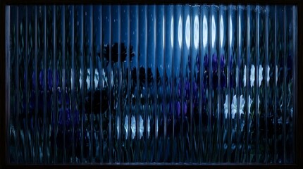 Obraz premium Dark blue abstract background behind vertical ribbed glass texture with abstract vertical transparent contrast