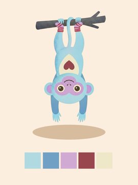   Cute watercolor blue monkey hanging upside down from a branch wearing striped socks, featuring a pastel heart and color swatches.