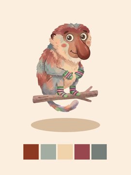  proboscis monkey illustration wearing green and purple striped winter wear on a branch, with color palette swatches.