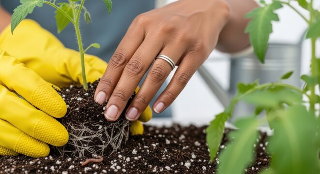 Planting seedlings in soil with a gardener's hand wearing yellow gloves. Careful planting includes nurturing roots and distributing soil for healthy growth and development of plants.