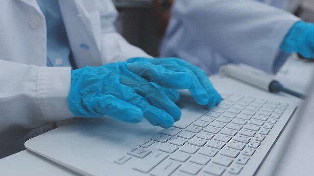 Close up scene of researcher examining alternative protein powder in sterile lab conditions with organized instruments promoting eco forward food innovation for sustainable biotechnology and nutrition