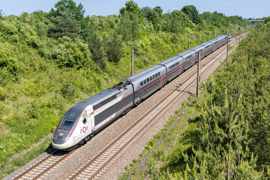 TGV Duplex by SNCF on high-speed train railway line Mannheim-Stuttgart in Moeglingen, Germany