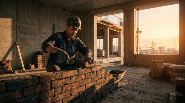 Industrial Laborer Bricklaying Wall: Building and Construction Work in Progress