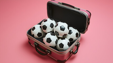 A travel suitcase overflowing with football balls on a pink studio floor is a creative concept for sports recreation and championships