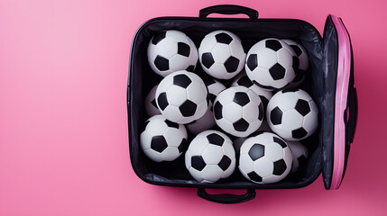 An open travel suitcase filled with football balls against a pink studio background is a creative concept for sports travel with room for text