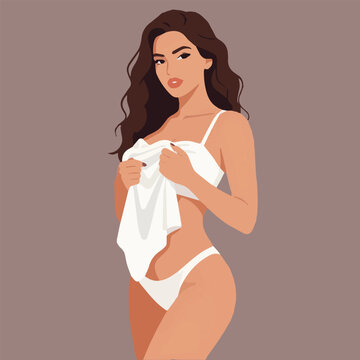 Beautiful Young Woman in White Loungewear Holding Fabric Fashion Vector Illustration