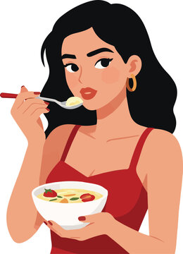 Beautiful Girl Enjoying Food with Spoon Fashion Character Vector Design