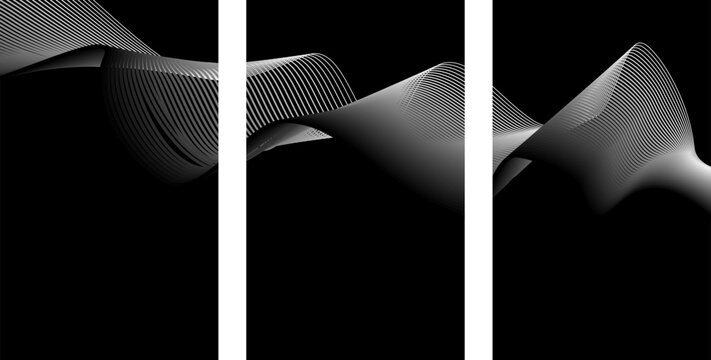 Abstract triptych of 3D flowing monochrome wave mesh pattern on black with abstract monochrome triptych geometric structure