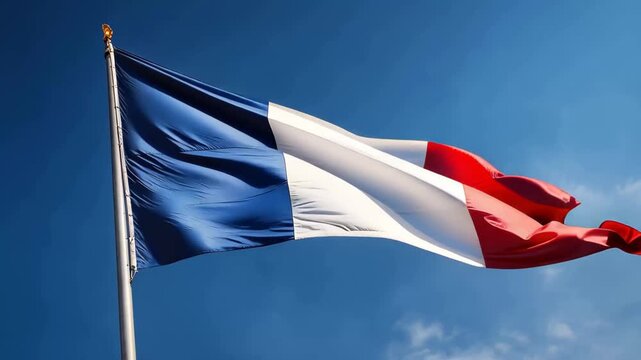Waving flag of France under clear blue sky shows national pride and symbolizes unity during celebration in a public area