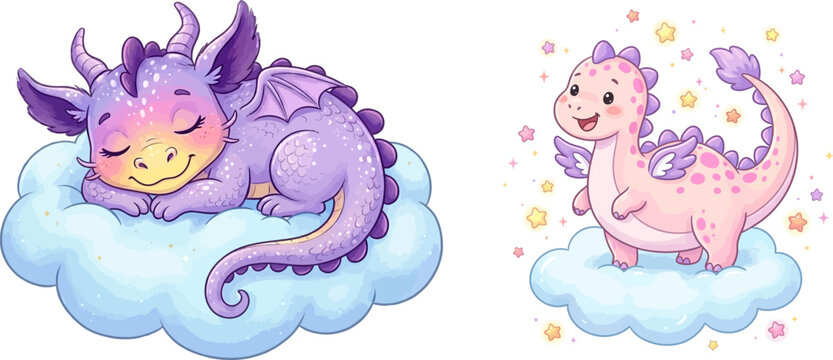 Two adorable cartoon dragons resting on clouds in a whimsical vector illustration with stars