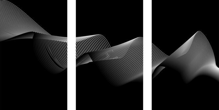 Abstract triptych of 3D flowing monochrome wave mesh pattern on black with abstract monochrome triptych geometric structure