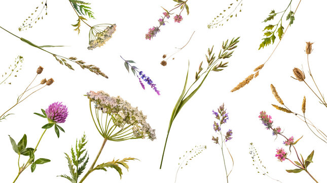 Photograph of diverse wild meadow plants, dried grasses, and delicate flowers artfully arranged on a transparent.