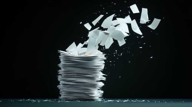 Scattered Documents: A large stack of paper documents with papers flying out from the top, against a dark background, suggesting chaos or destruction.