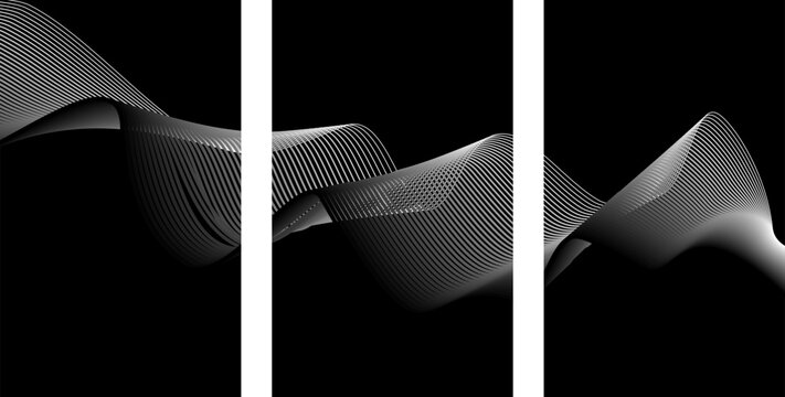 Modern abstract triptych of flowing white waves on black with abstract monochrome triptych minimalist geometric background