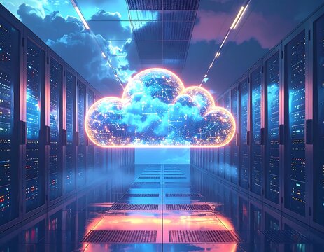 Glowing Digital Cloud Floating Between Server Racks in Futuristic Data Center